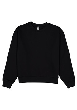 A black crew sweatshirt with long sleeves and a ribbed neckline. The garment features a logo.