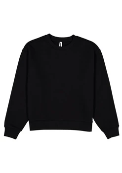 A black crew sweatshirt with long sleeves and a ribbed neckline. The garment features a logo.