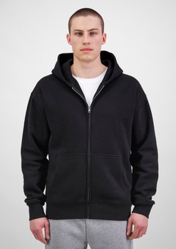 A black zip hoodie for men, featuring a hood and front pockets, worn by a model against a plain background.