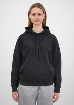 A women's hoodie in black with a drawstring hood and a front pocket, worn with grey pants.