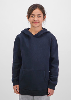 A navy hoodie for kids with a front pocket and an attached hood, displayed on a child model.