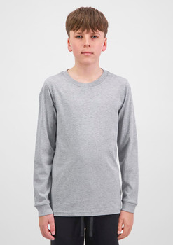 A long sleeve tee in light grey, featuring a simple design and a logo on the front.