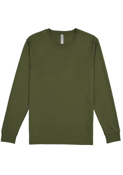 A long-sleeve tee in olive green, featuring a simple design and a brand label at the neck.