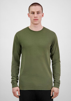 A long sleeve tee in olive green, featuring a fitted design and a round neck. It has a subtle logo.