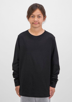 A black long sleeve tee for kids displayed on a model with a neutral background.