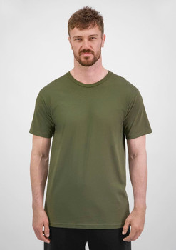 A men's short sleeve tee in olive green, featuring a classic crew neck and a plain design. It has a subtle logo.