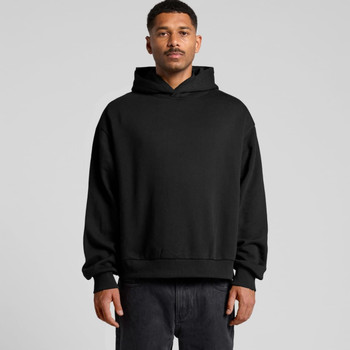 A black jumper with a hood, featuring a relaxed fit and long sleeves. Includes a logo on the design.