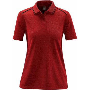 A red women's polo shirt featuring a classic collar and short sleeves, with a logo on the chest.