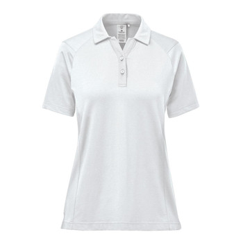 A women's polo shirt in soft white, featuring a collar and a placket with buttons. The shirt has a logo on it.