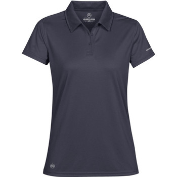 A women's polo shirt in dark grey with a collar and a logo on the hem.