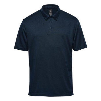 A navy blue men's short sleeve polo shirt with a collar and a logo on the chest.
