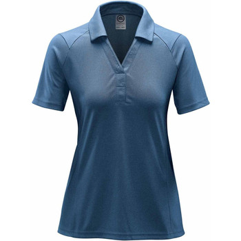 A women's polo shirt in a heathered blue colour, featuring a collar and short sleeves. It has a logo on the chest.