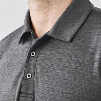 A grey polo shirt featuring a collar and buttons, showcasing a textured fabric.
