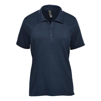 A navy women's polo shirt with short sleeves and a collar. Features a logo on the front.