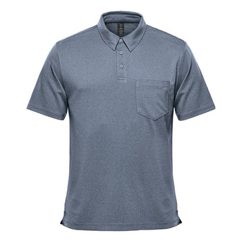 A men's short sleeve polo in a grey tone with a collar and a breast pocket. Features a branded logo.