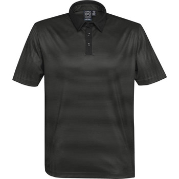 A dark green polo shirt with a contrasting black collar and a subtle striped pattern. It features a logo on the upper left.