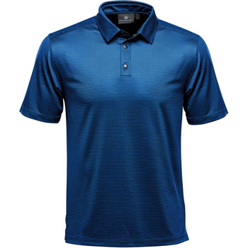 A men's polo shirt in navy blue with a striped pattern and a collar. Features a logo.