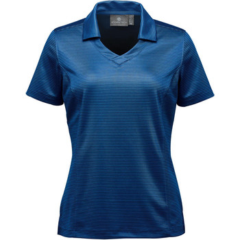 A women's polo shirt in varying shades of blue with a subtle striped pattern and a logo on the collar.