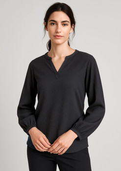 A women's long sleeve blouse in black with a relaxed fit and gathered sleeves. It features a v-neckline and has a logo.