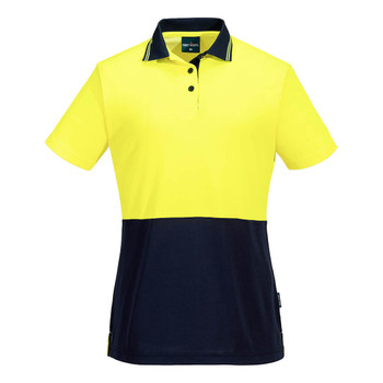 Yellow / Navy - Front - ML211 - Hi-Vis Women's Cotton Comfort Contrast Class D Polo Shirt S/S