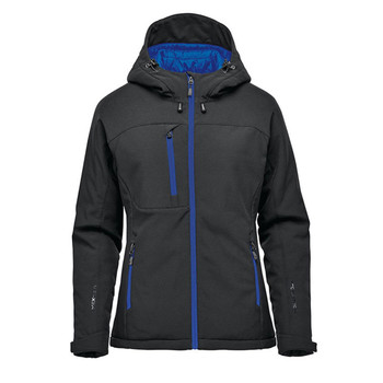 A black women's insulated softshell jacket with blue accents and a hood, featuring zipped pockets and branding.