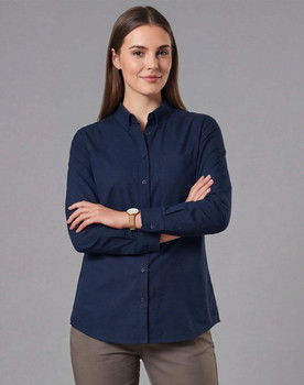 A navy blue long-sleeve cotton blend shirt for women, featuring a collared neckline and button-up front.