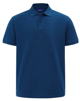 A men's short-sleeve polo in a deep navy blue, featuring a classic collar and a logo on the chest.