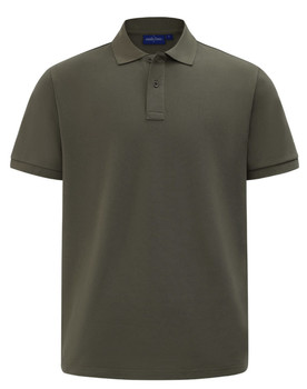 A men's classic short-sleeve polo in a deep olive green, featuring a collar and a placket with buttons. It has a logo.