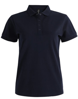 A navy blue ladies' ultrafine cotton pique polo with a collar and buttons, featuring a logo.