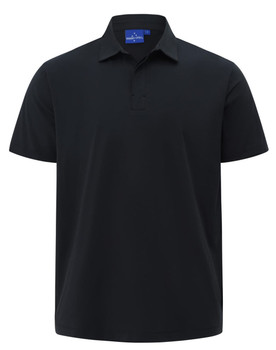 A black men's polo shirt made from high-performance graphene, featuring a short sleeve and collar design.