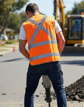 A safety vest in bright orange with reflective stripes, worn by a worker operating machinery on a construction site.