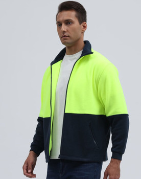 A Hi-Vis polar fleece full zip jacket in bright yellow and navy blue, featuring a zip closure and a logo.