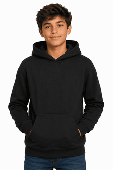 A black hoodie with a front pocket and a hood, suitable for kids. Features a branding logo.