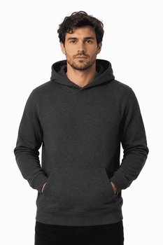 A dark grey men's hoodie with a kangaroo pocket and a hood. It features a logo.