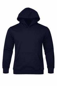 A navy blue men's hoodie featuring a front pocket and a hood, with a branding logo.