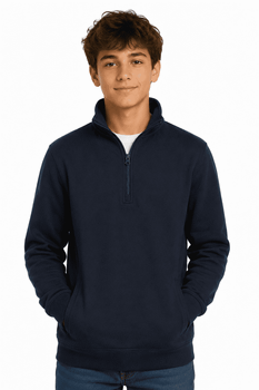 A navy blue 1/4 zip sweater for kids, featuring a collar and a front pocket. The model stands with hands in pockets.