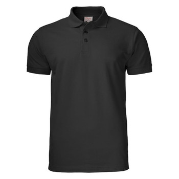 A black men's cotton polo shirt with a collar and three buttons, featuring a logo on the chest.