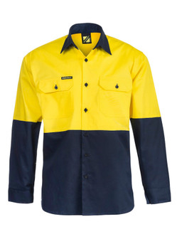 Yellow / Navy - Front - WS4247 - Cotton L/S Shirt W Mesh Insert