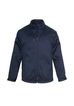 A navy blue men's softshell jacket featuring a full zip, high collar, and one zip pocket on the chest.