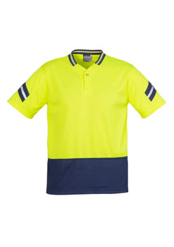 A high-visibility yellow short sleeve polo shirt with navy accents and stripes. It features a logo on the chest.
