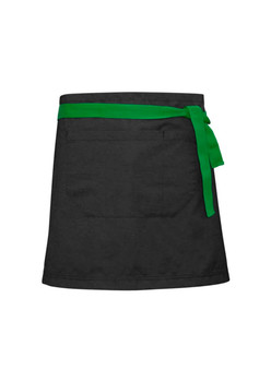 A black waist apron with a green tie and a pocket on the front, featuring a logo.
