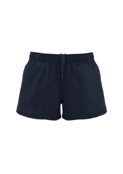 A pair of dark navy women's sports shorts with an elastic waistband and drawstring detail. Features a logo.