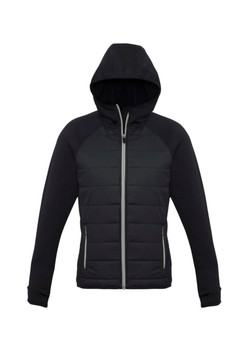 A black puffer jacket with a hood and zippered front, featuring a logo on one side.