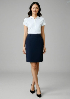 A fitted navy skirt paired with a white polo shirt, featuring a simple design and a branded logo.