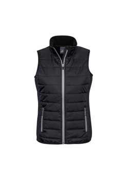 A black women's vest with a zip front, featuring horizontal padding and two side pockets. It has a logo on the chest.