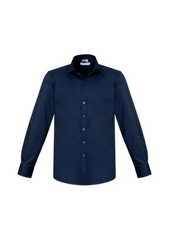A navy long sleeve button-up shirt with a single chest pocket and a collar. It features a logo on the label.
