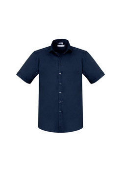 A navy short sleeve button-up shirt featuring a collar and a chest pocket, with a logo on the tag.