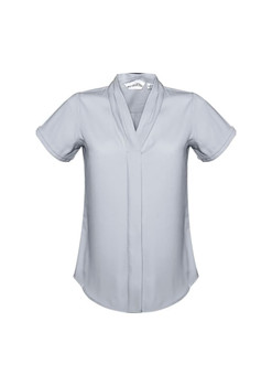 A light grey women's short sleeve button-up shirt with a stylish collar and subtle branding.