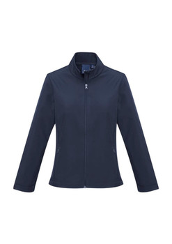 A dark navy soft shell jacket with a high collar and zipped front, featuring side pockets and a logo.