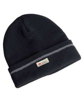 A black reflective beanie with a folded cuff and a small branded label. Reflective stripe included.